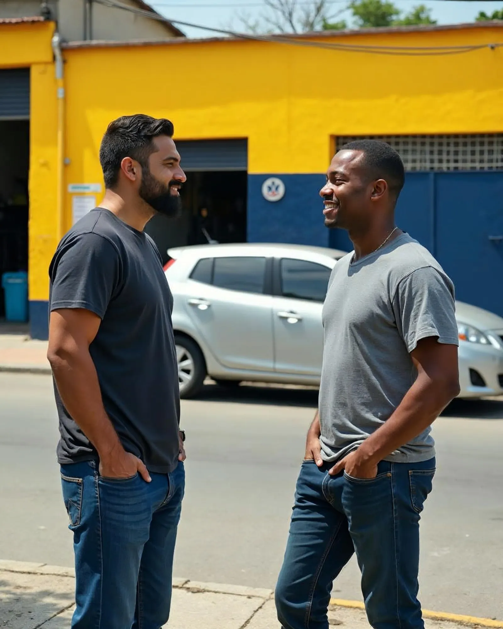 Mecânico da Barroca conversando com um cliente na calçada, em frente à parede amarela e azul da oficina