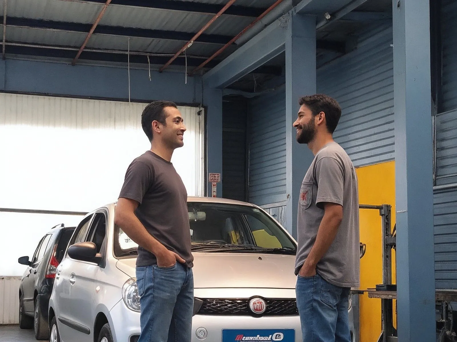 Cliente e mecânico conversam ao lado do carro, na entrada da oficina