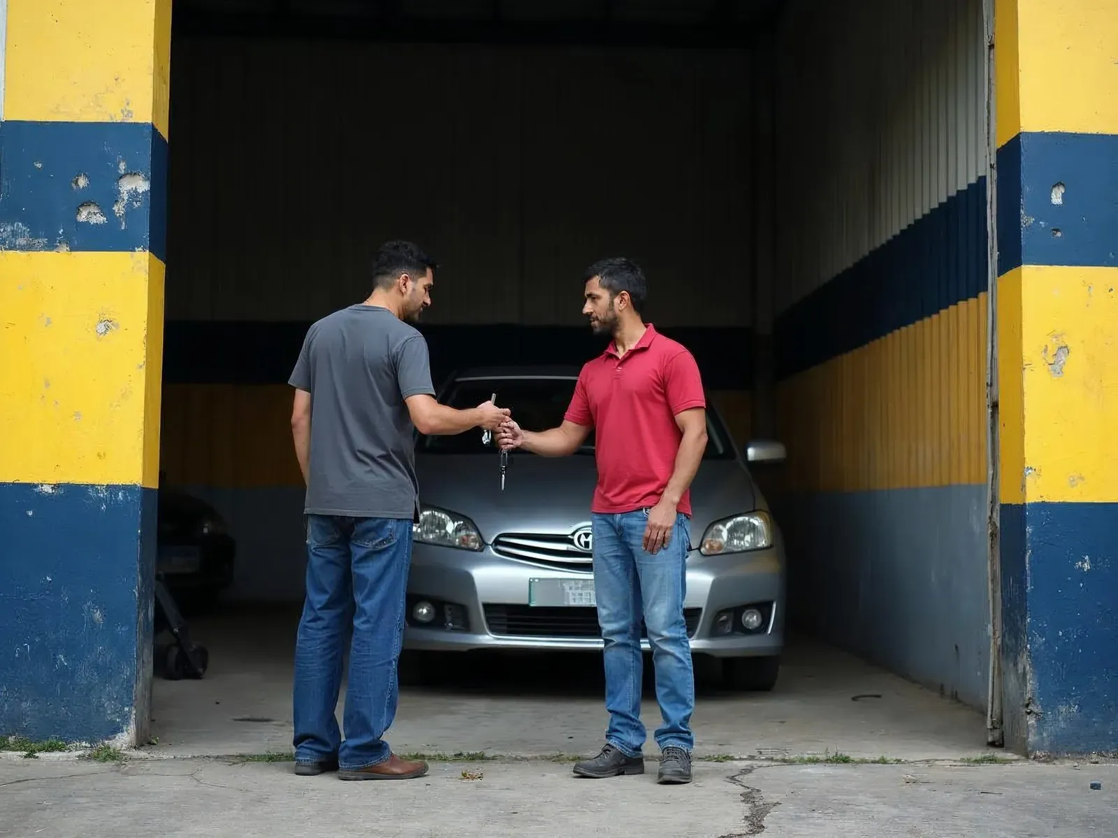 Mecânico entrega a chave do carro ao cliente na entrada da oficina