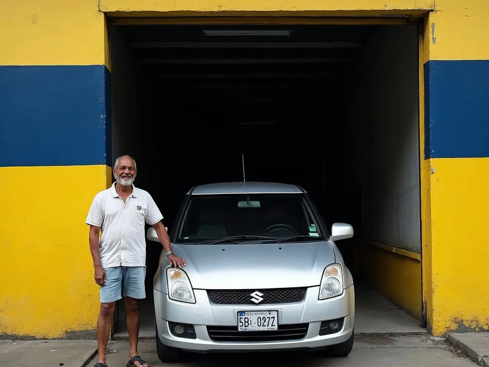 Cliente ao lado do carro pronto, na porta amarela e azul da oficina