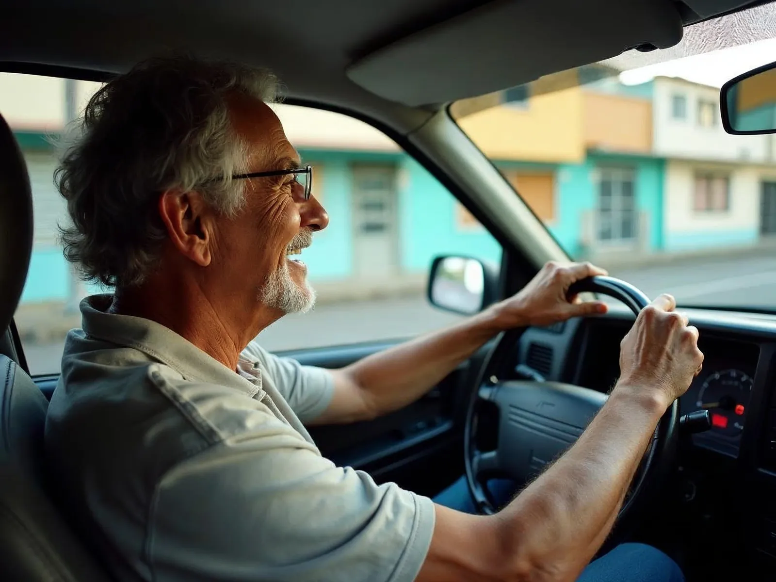 Motorista ao volante, sorrindo, em rua de bairro