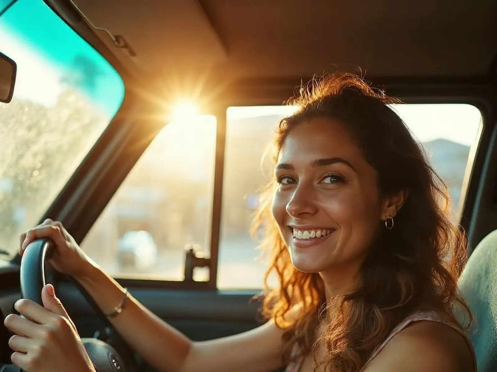 Motorista sorrindo ao volante no fim da tarde